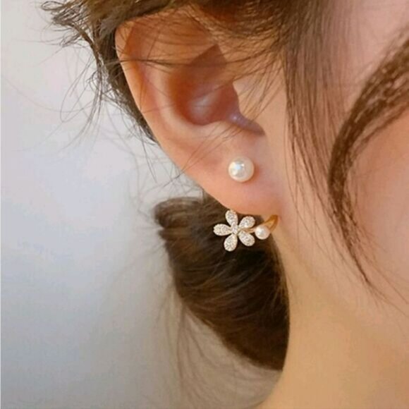 Flower and Pearl Jacket Earrings - Picture 1 of 4
